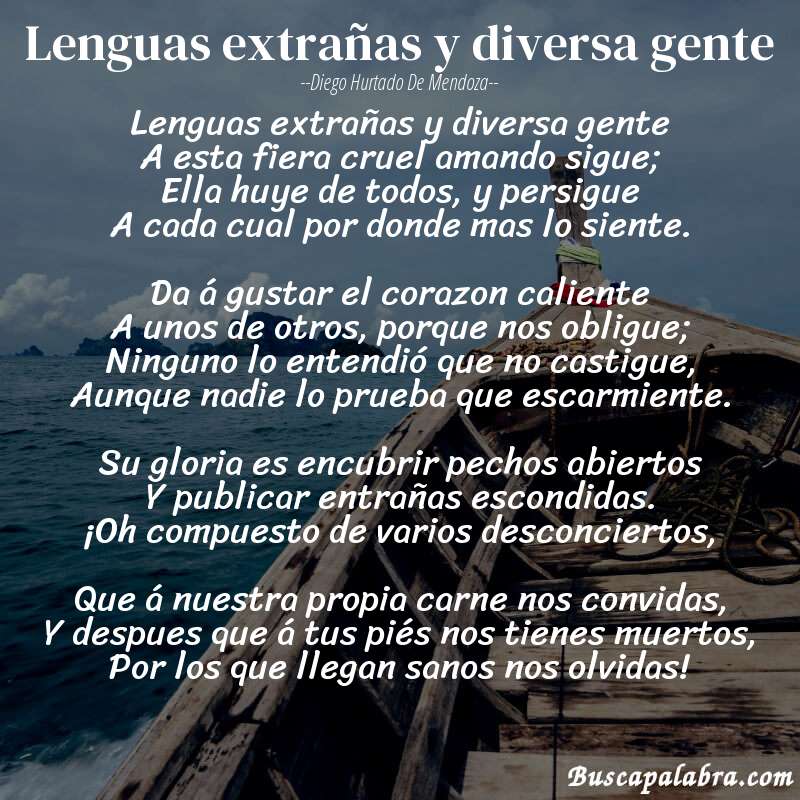 Poema Lenguas extrañas y diversa gente de Diego Hurtado de Mendoza con fondo de barca