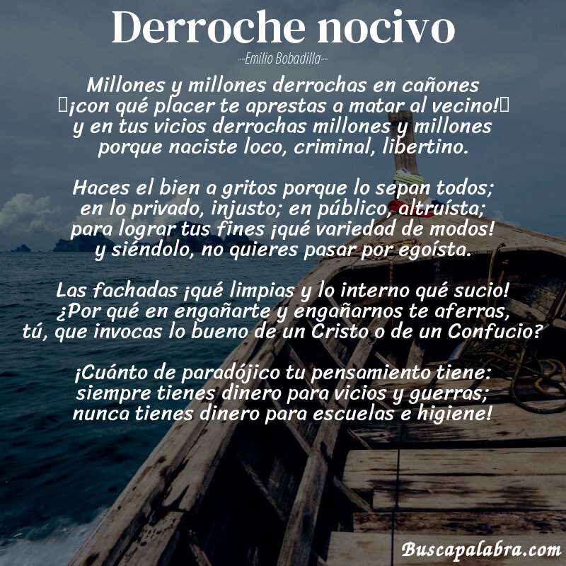 Poema Derroche nocivo de Emilio Bobadilla con fondo de barca