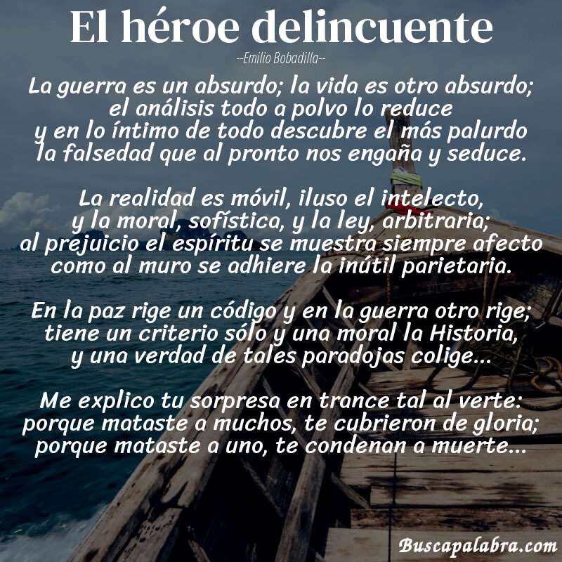 Poema El héroe delincuente de Emilio Bobadilla con fondo de barca