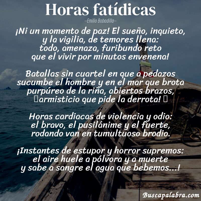 Poema Horas fatídicas de Emilio Bobadilla con fondo de barca