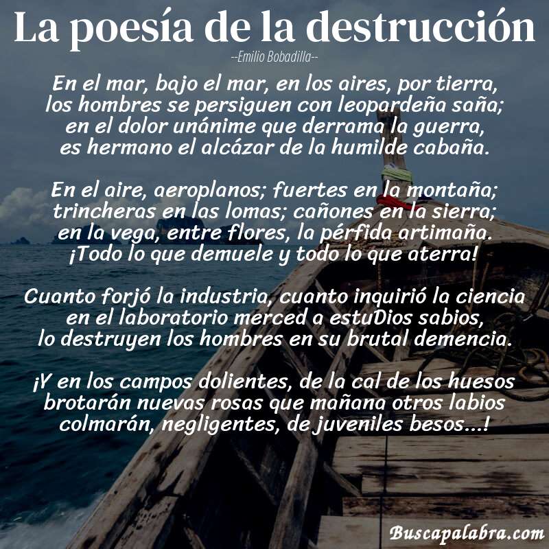 Poema La poesía de la destrucción de Emilio Bobadilla con fondo de barca