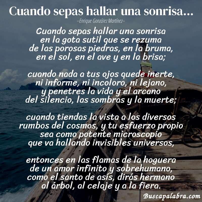 Poema cuando sepas hallar una sonrisa... de Enrique González Martínez con fondo de barca