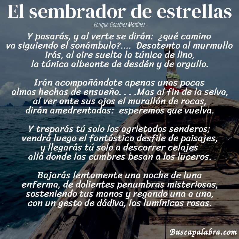 Poema el sembrador de estrellas de Enrique González Martínez con fondo de barca