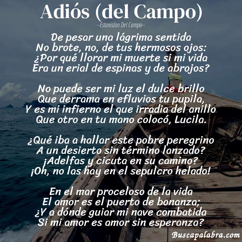 Poema Adiós (del Campo) de Estanislao del Campo con fondo de barca