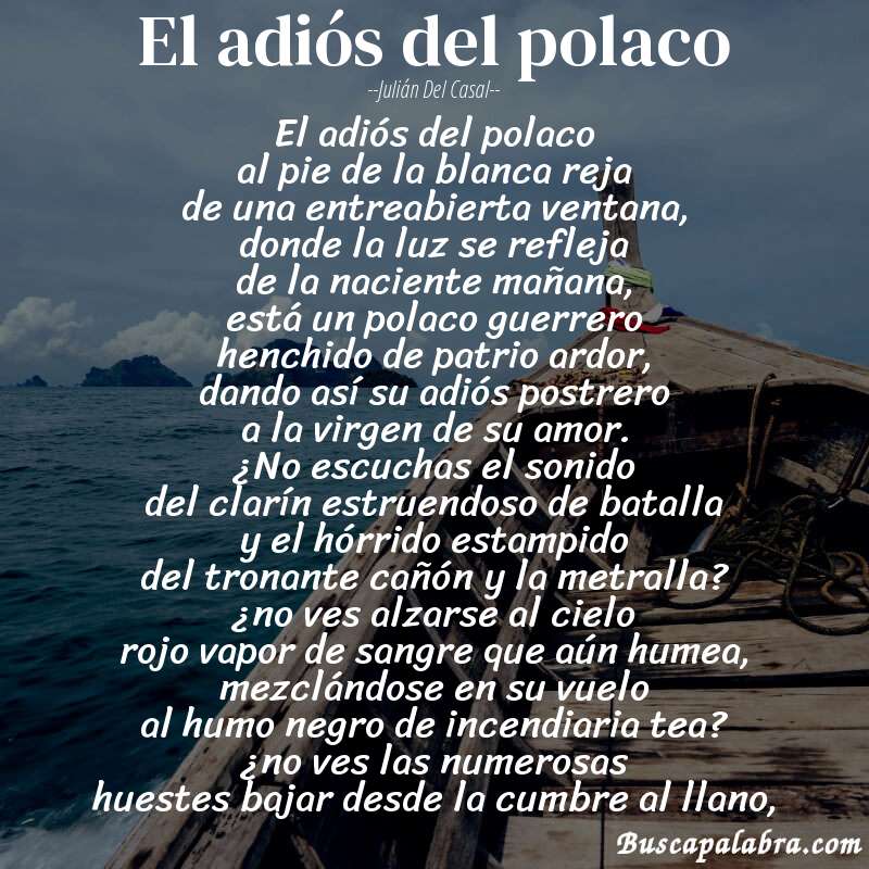 Poema el adiós del polaco de Julián del Casal con fondo de barca