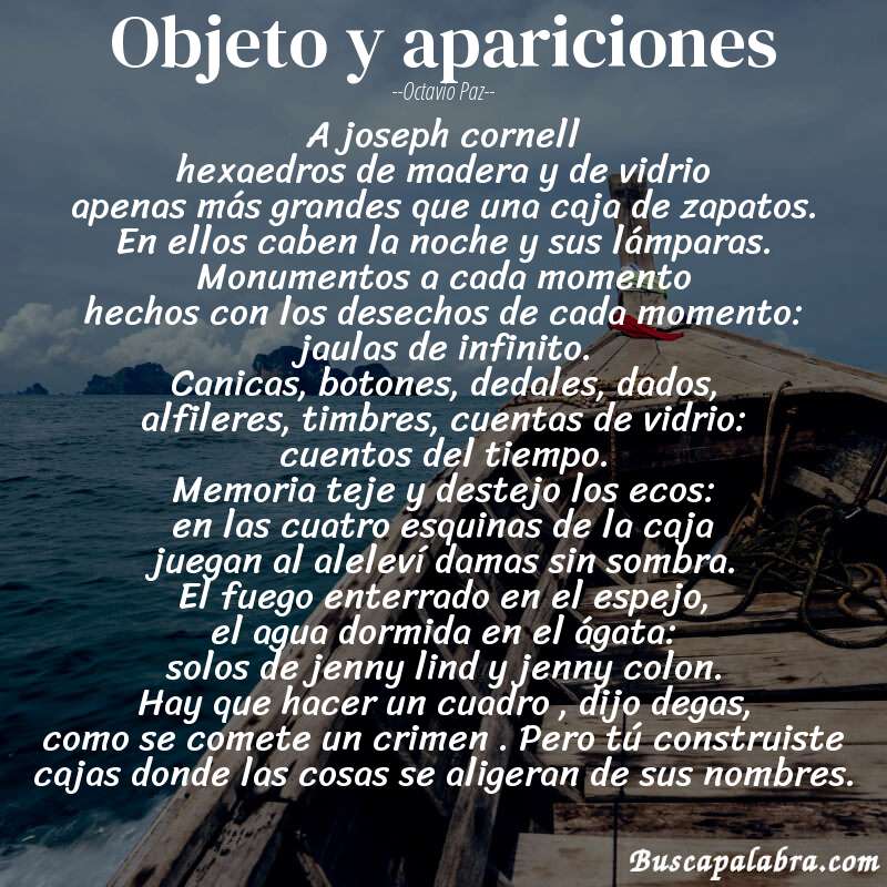 Poema objeto y apariciones de Octavio Paz con fondo de barca