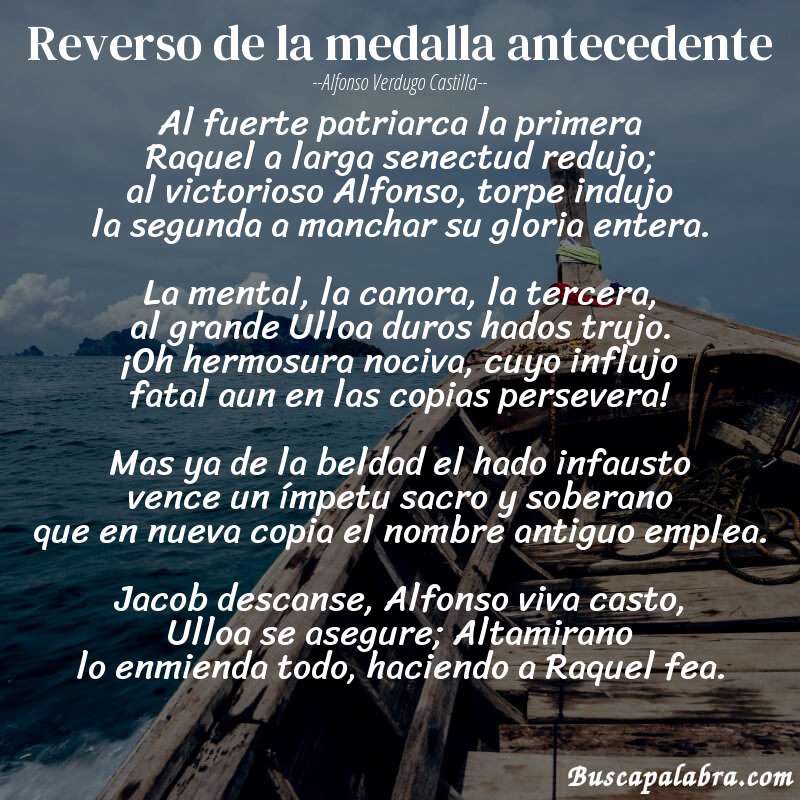 Poema Reverso de la medalla antecedente de Alfonso Verdugo Castilla con fondo de barca