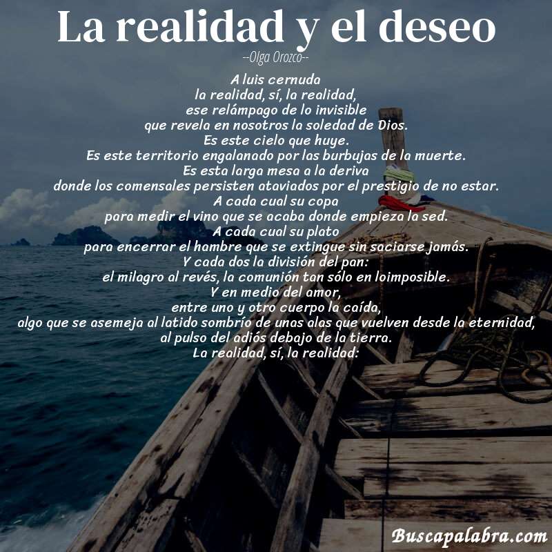 Poema la realidad y el deseo de Olga Orozco con fondo de barca