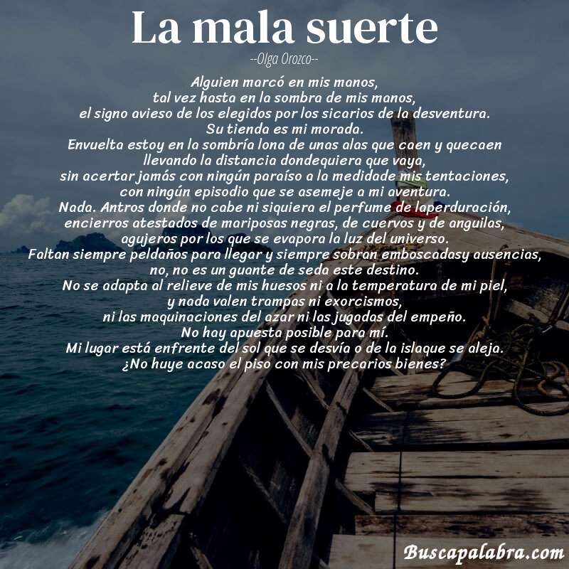 Poema la mala suerte de Olga Orozco con fondo de barca