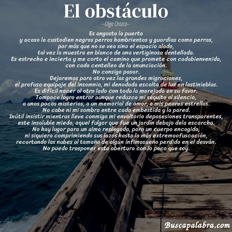 Poema el obstáculo de Olga Orozco con fondo de barca