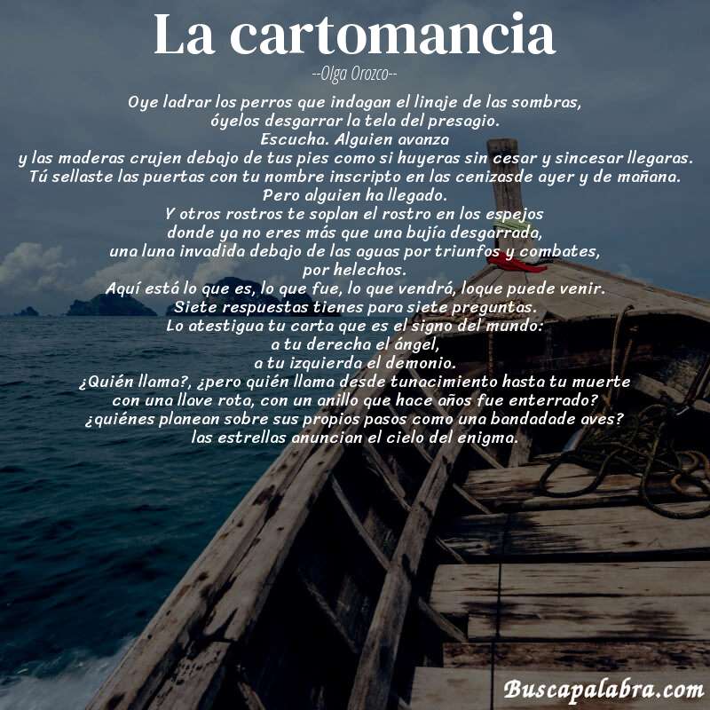Poema la cartomancia de Olga Orozco con fondo de barca
