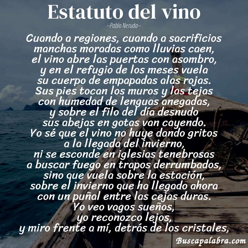 Poema estatuto del vino de Pablo Neruda con fondo de barca