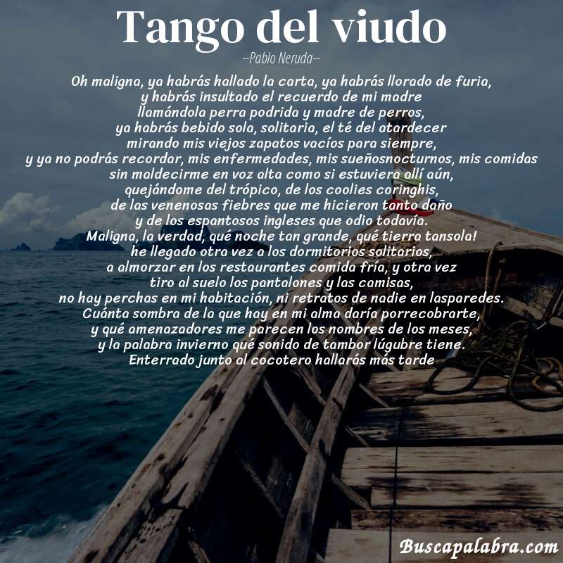 Poema tango del viudo de Pablo Neruda con fondo de barca