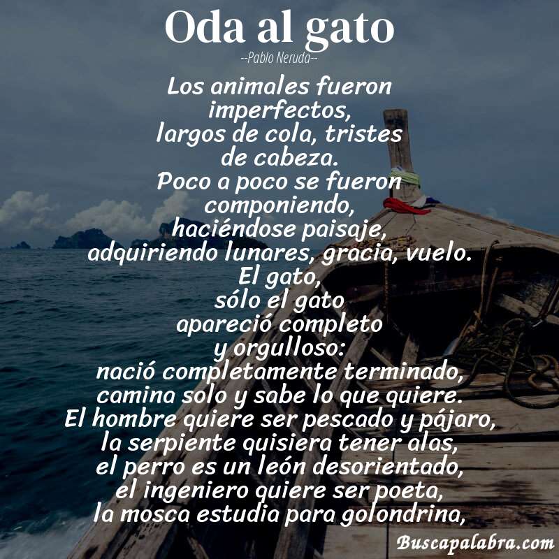 Poema oda al gato de Pablo Neruda con fondo de barca