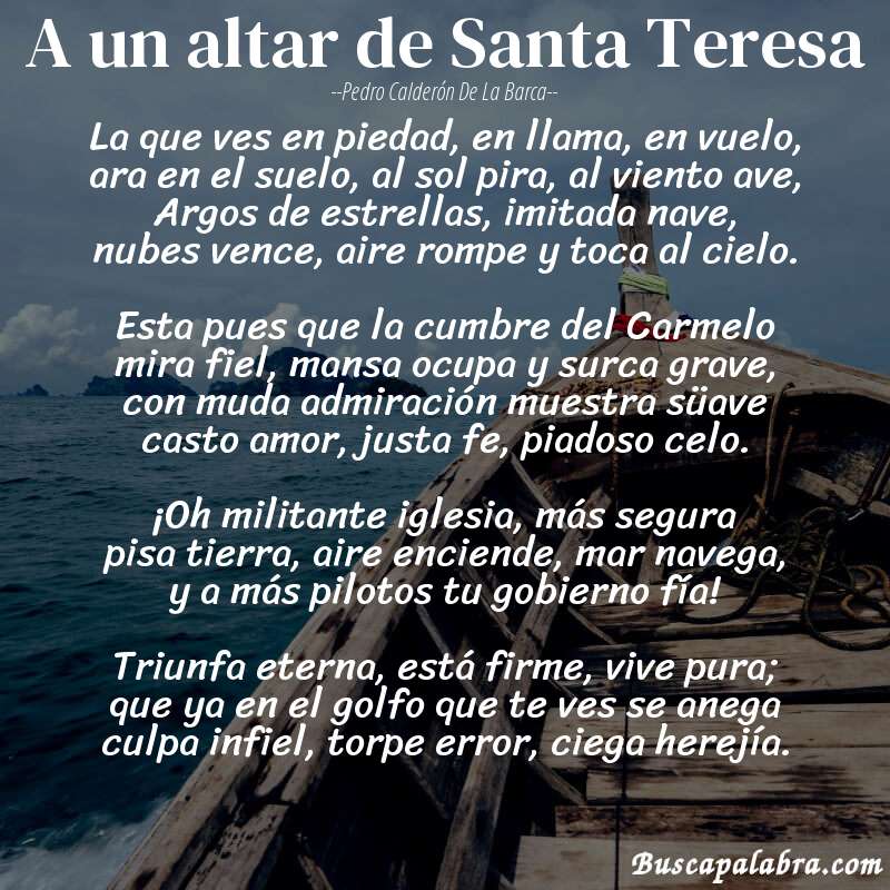 Poema A un altar de Santa Teresa de Pedro Calderón de la Barca con fondo de barca