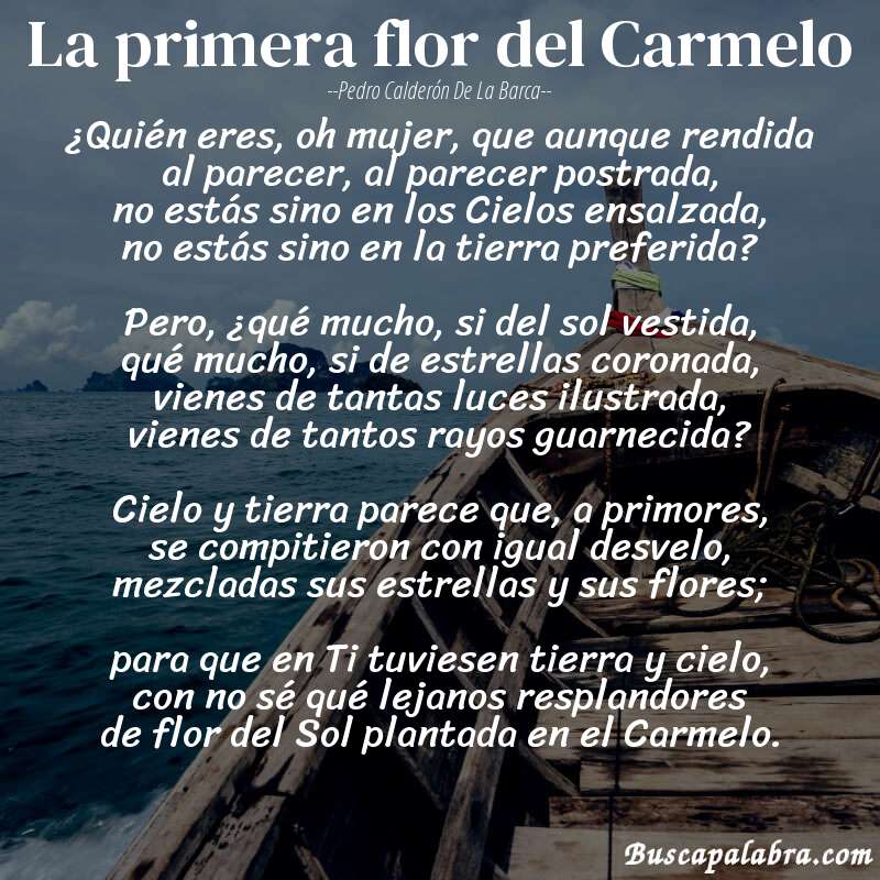 Poema La primera flor del Carmelo de Pedro Calderón de la Barca con fondo de barca