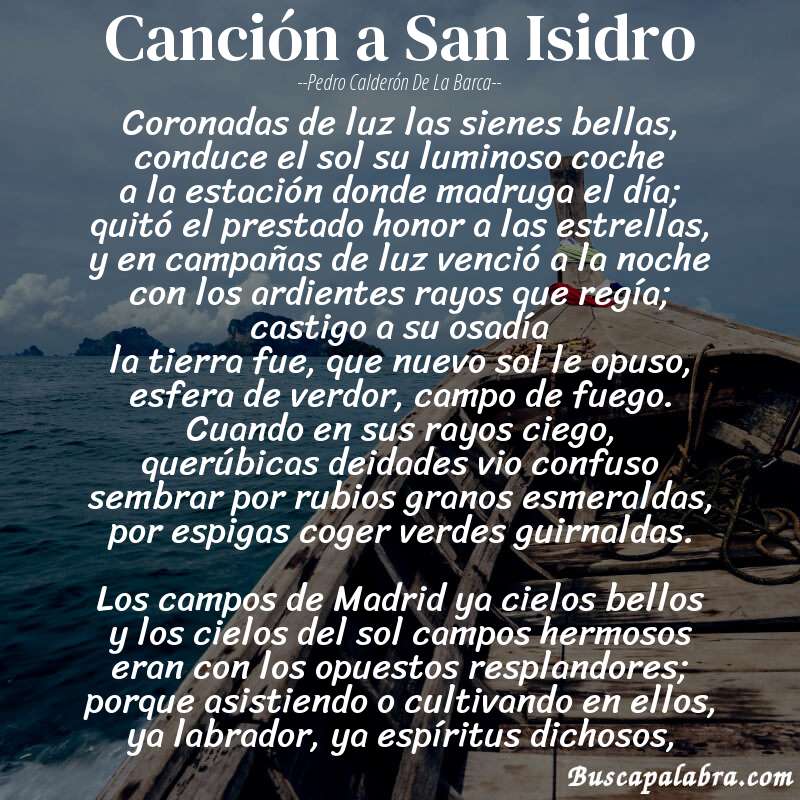 Poema Canción a San Isidro de Pedro Calderón de la Barca con fondo de barca
