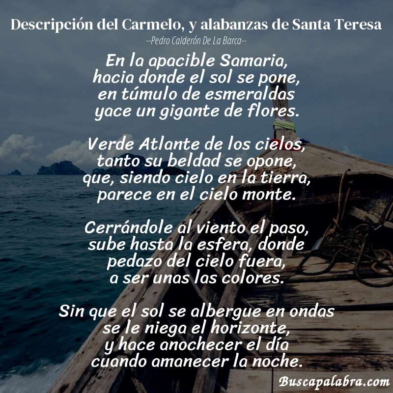 Poema Descripción del Carmelo, y alabanzas de Santa Teresa de Pedro Calderón de la Barca con fondo de barca