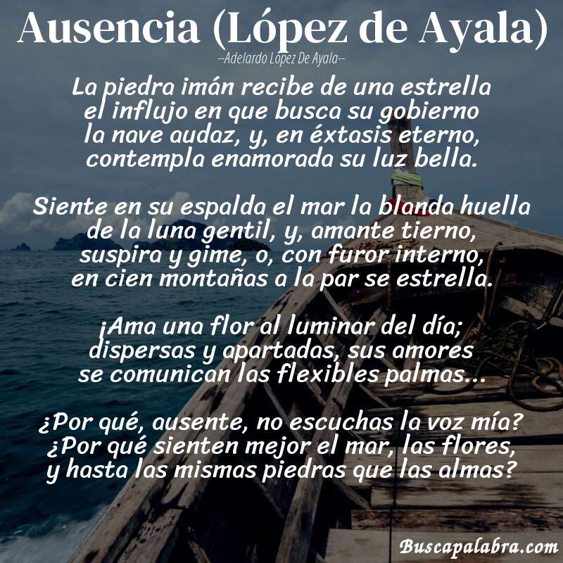 Poema Ausencia (López de Ayala) de Adelardo López de Ayala con fondo de barca