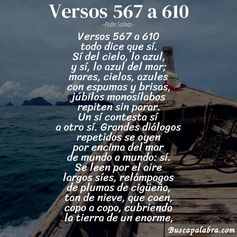Poema versos 567 a 610 de Pedro Salinas con fondo de barca
