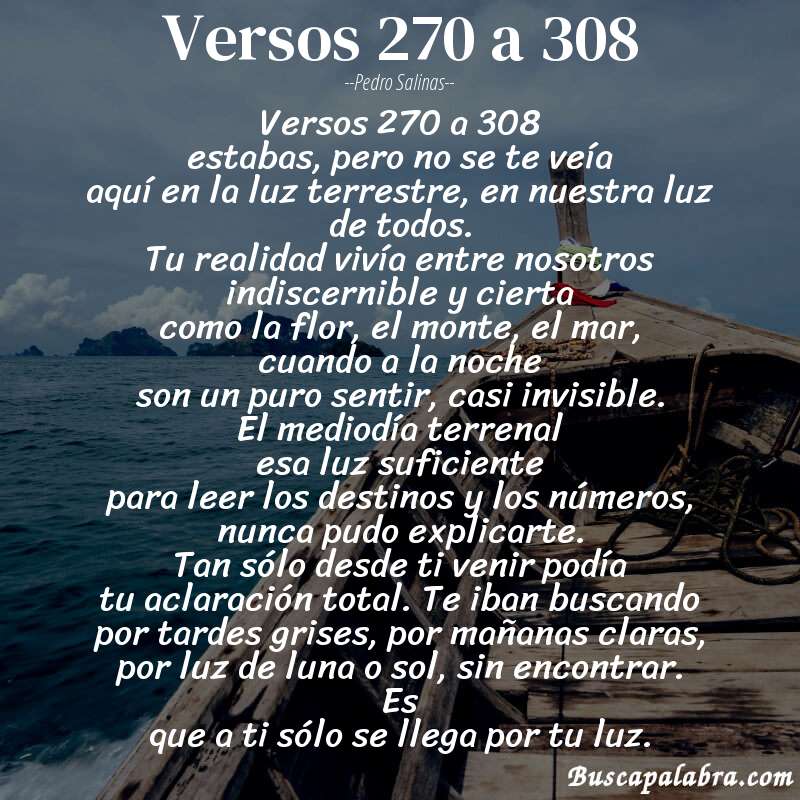 Poema versos 270 a 308 de Pedro Salinas con fondo de barca