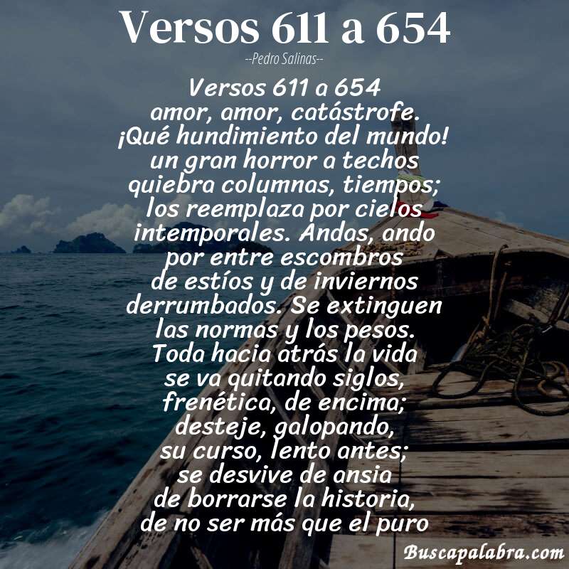 Poema versos 611 a 654 de Pedro Salinas con fondo de barca