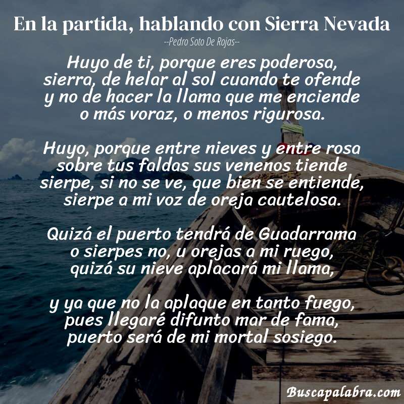 Poema En la partida, hablando con Sierra Nevada de Pedro Soto de Rojas con fondo de barca