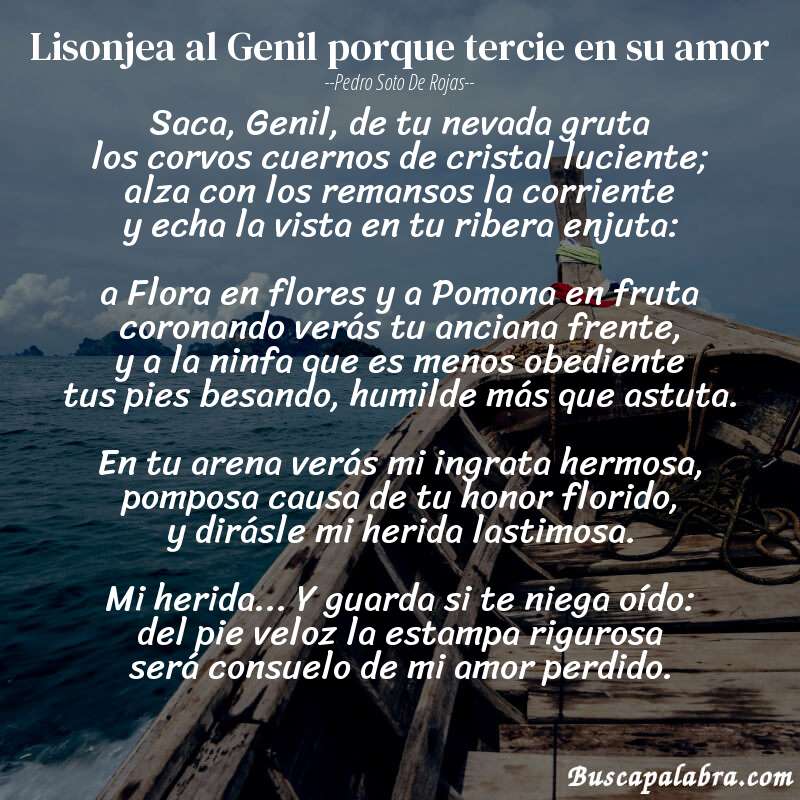 Poema Lisonjea al Genil porque tercie en su amor de Pedro Soto de Rojas con fondo de barca