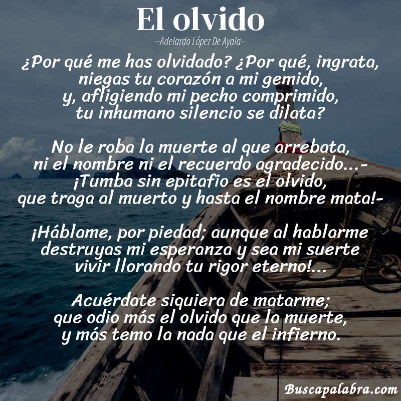 Poema El olvido de Adelardo López de Ayala con fondo de barca