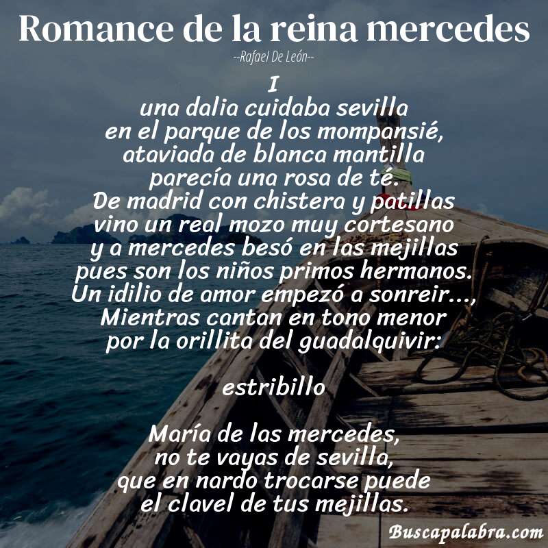 Poema romance de la reina mercedes de Rafael de León con fondo de barca