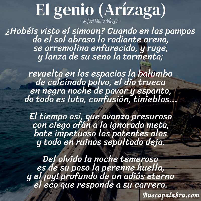 Poema El genio (Arízaga) de Rafael María Arízaga con fondo de barca