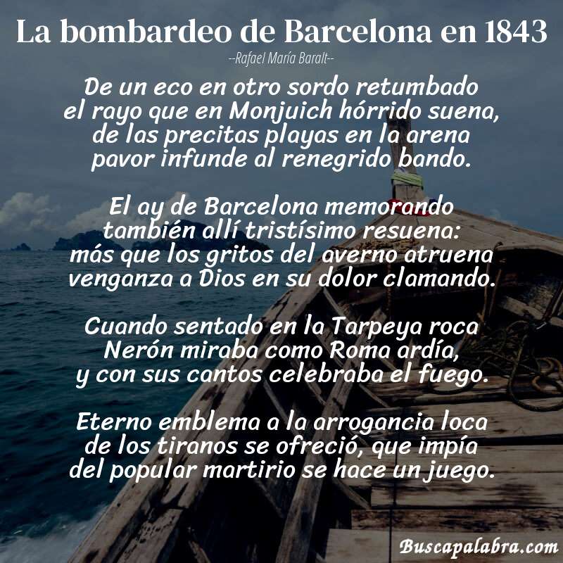 Poema La bombardeo de Barcelona en 1843 de Rafael María Baralt con fondo de barca