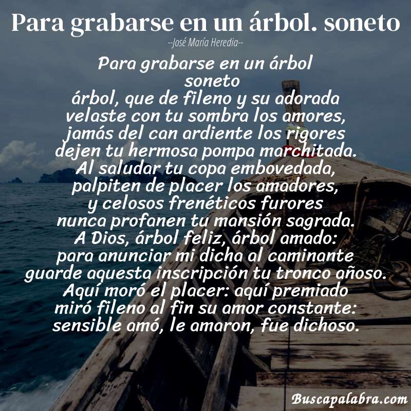 Poema para grabarse en un árbol. soneto de José María Heredia con fondo de barca