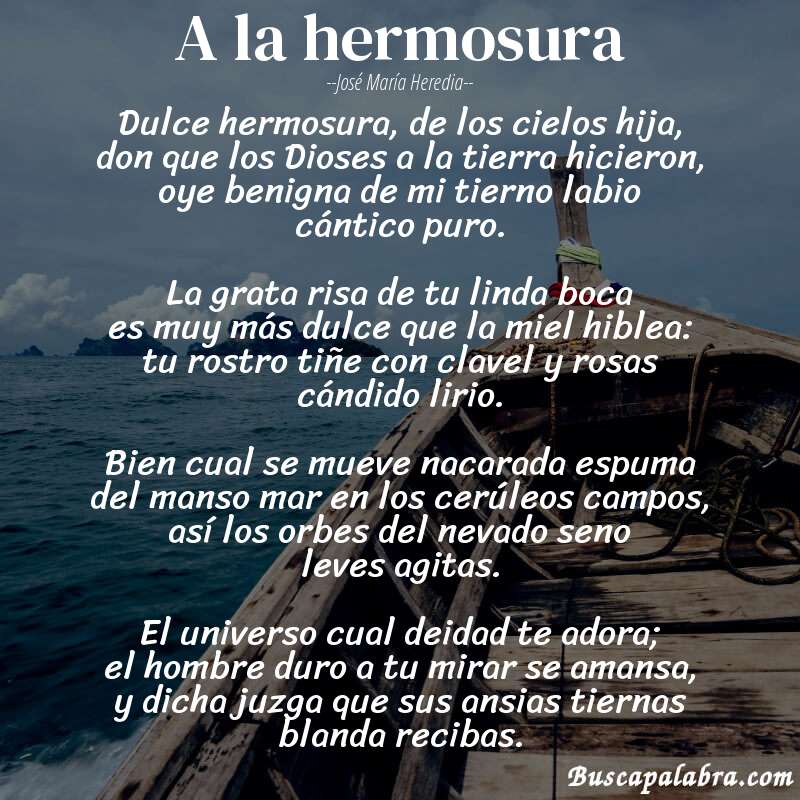 Poema A la hermosura de José María Heredia con fondo de barca