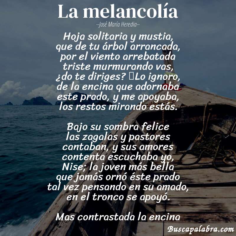 Poema La melancolía de José María Heredia con fondo de barca