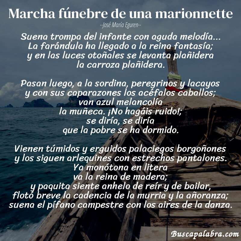 Poema marcha fúnebre de una marionnette de José María Eguren con fondo de barca