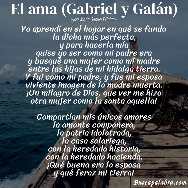 Poema El ama (Gabriel y Galán) de José María Gabriel y Galán con fondo de barca