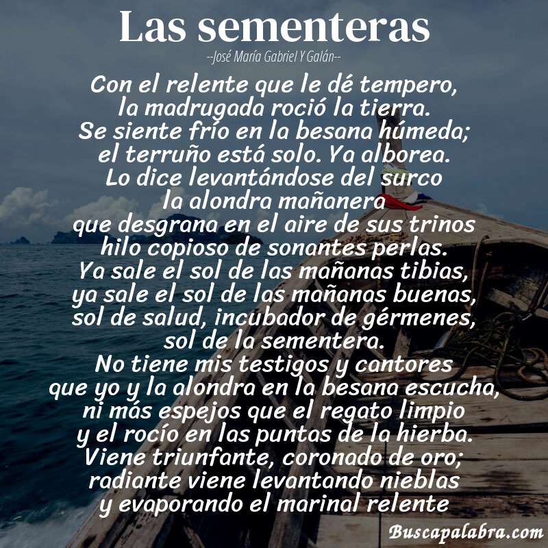 Poema Las sementeras de José María Gabriel y Galán con fondo de barca