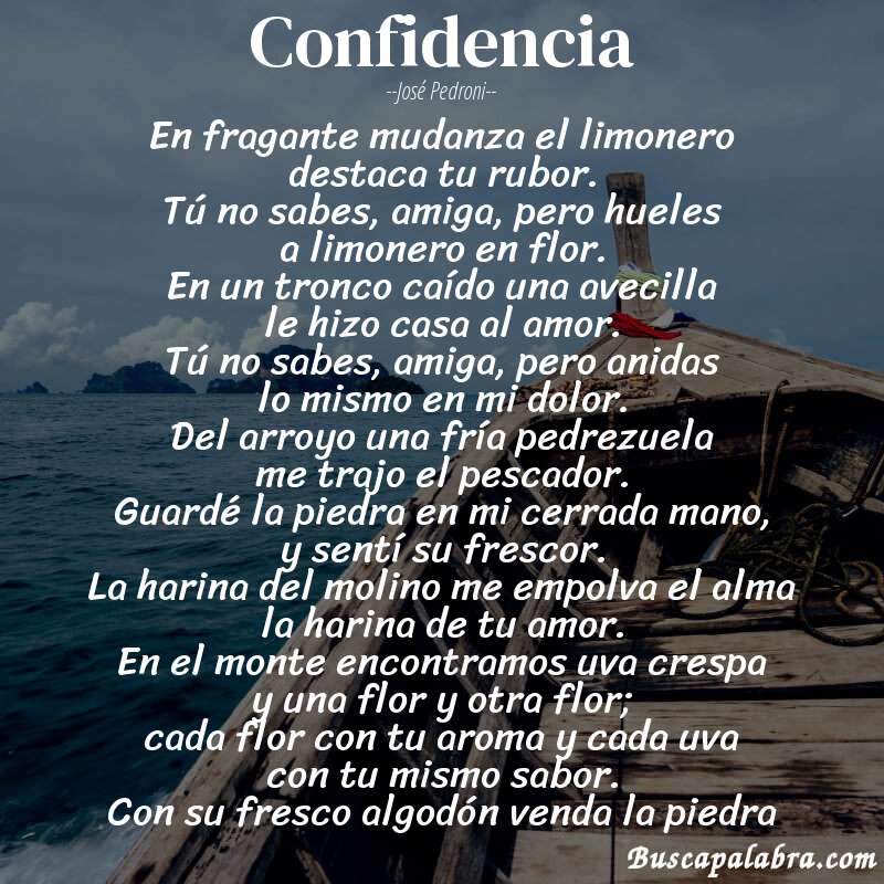 Poema confidencia de José Pedroni con fondo de barca