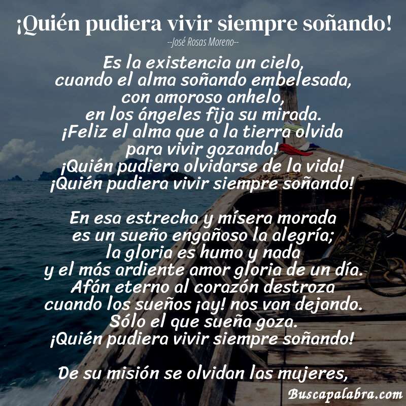 Poema ¡Quién pudiera vivir siempre soñando! de José Rosas Moreno con fondo de barca