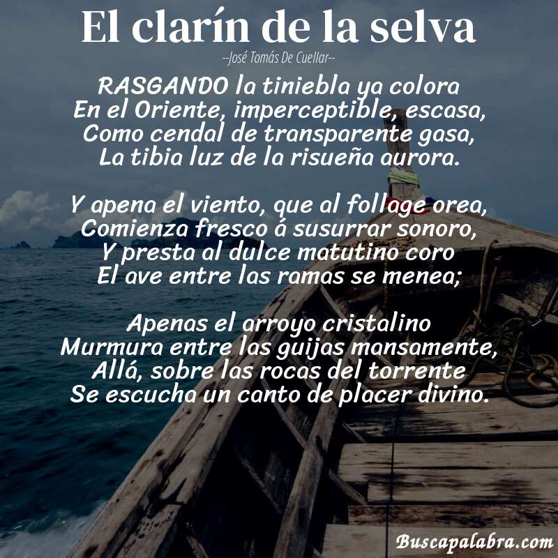 Poema El clarín de la selva de José Tomás de Cuellar con fondo de barca