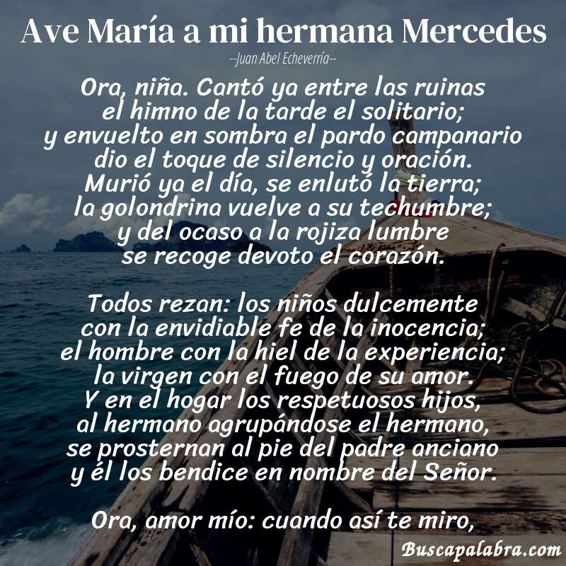 Poema Ave María a mi hermana Mercedes de Juan Abel Echeverría con fondo de barca
