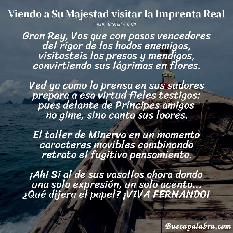 Poema Viendo a Su Majestad visitar la Imprenta Real de Juan Bautista Arriaza con fondo de barca