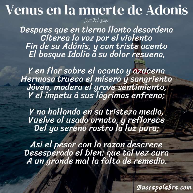Poema Venus en la muerte de Adonis de Juan de Arguijo con fondo de barca