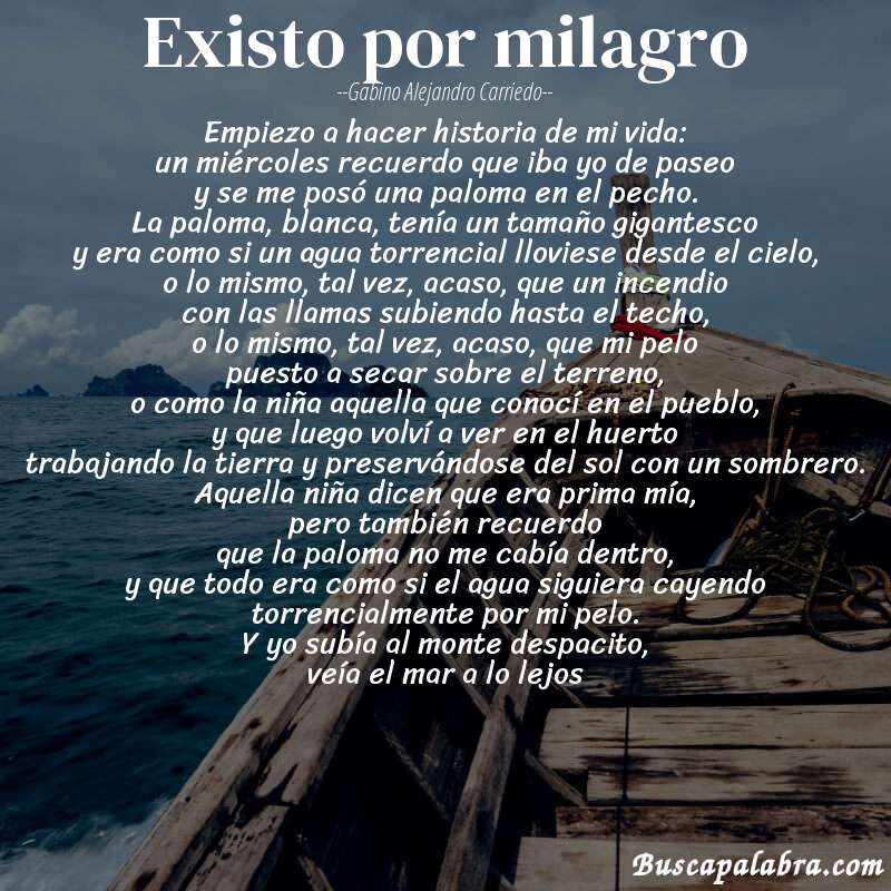 Poema existo por milagro de Gabino Alejandro Carriedo con fondo de barca