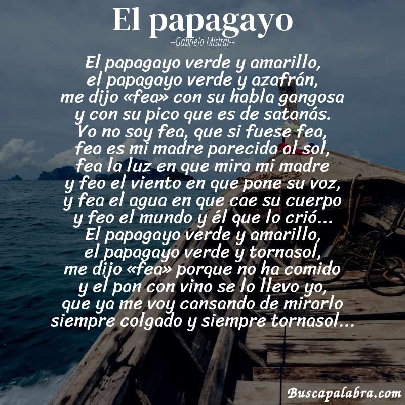 Poema el papagayo de Gabriela Mistral con fondo de barca