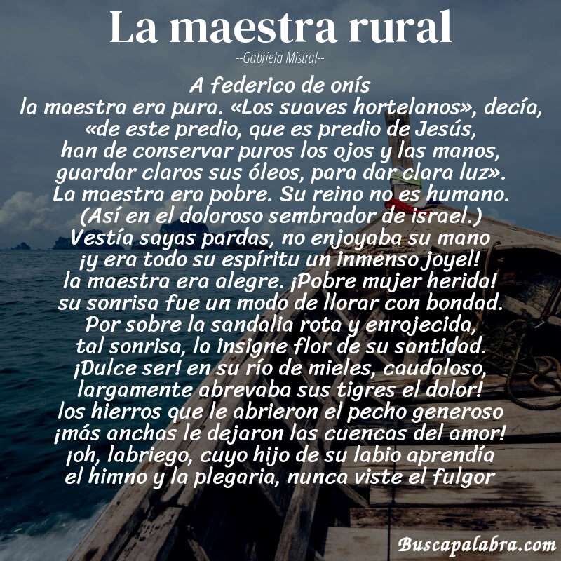 Poema la maestra rural de Gabriela Mistral con fondo de barca