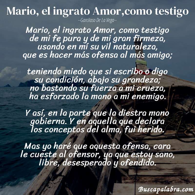 Poema Mario, el ingrato Amor,como testigo de Garcilaso de la Vega con fondo de barca
