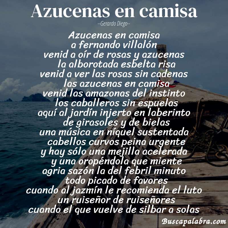 Poema azucenas en camisa de Gerardo Diego con fondo de barca