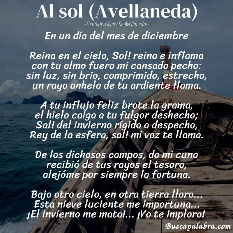 Poema Al sol (Avellaneda) de Gertrudis Gómez de Avellaneda con fondo de barca